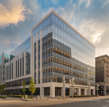 “Modern office building in Albany, New York representing Swan Street Consulting’s headquarters for b