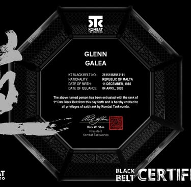Official Kombat Taekwondo 1st Dan Black Belt certificate for Glenn Galea from the Republic of Malta.