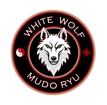 White Wolf Mudo Ryu martial arts logo featuring a wolf head with yin-yang and star symbols.