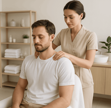 Female therapist providing professional shoulder massage to male client