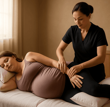 Pregnant woman supported by pillows receiving safe prenatal massage