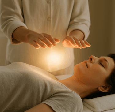Reiki practitioner’s hands hovering above client during healing session