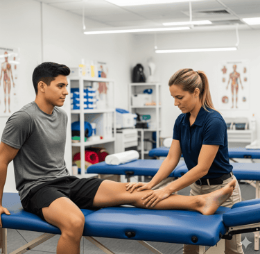 Sports massage therapist working on athlete’s leg muscles for recovery
