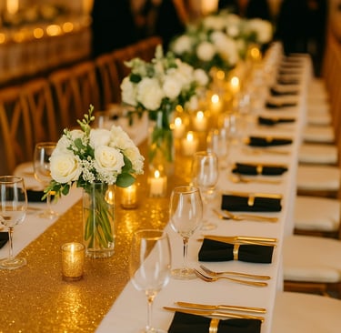 montaje de mesa para graduación con flores naturales y mantelería negra con detalles dorados 
