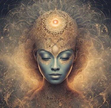 a woman with a blue face and a gold headdress