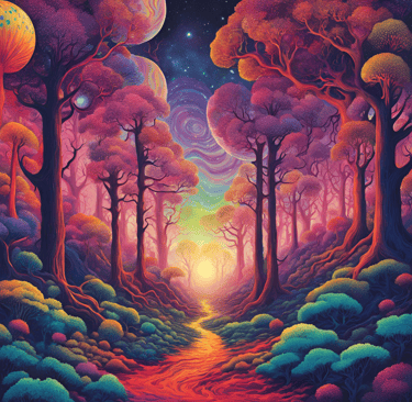 a painting of a path leading to a forest