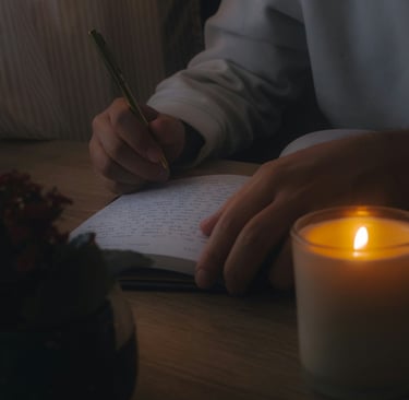 a person writing a book in a candlelight
