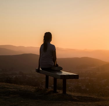 a woman sitting on a bench looking out over a valley