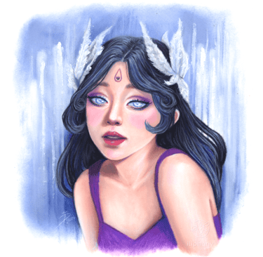 Pastellporträt, das eine junge Frau mit einem lila Kleid und Federn auf ihrem Kopf darstellt.