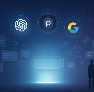 Abstract visual of AI search interfaces like ChatGPT and Perplexity pulling in structured content, s
