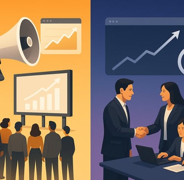 Marketing agency broadcasting with a megaphone vs. a growth agency forming a strategic partnership.