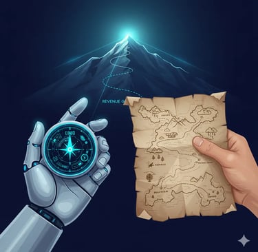 Robot and human hands with a map and compass showing an AI-human sales partnership