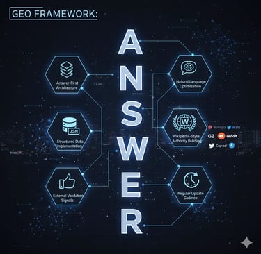 Diagram of the "ANSWER" framework for Generative Engine Optimization (GEO) to get cited by AI.
