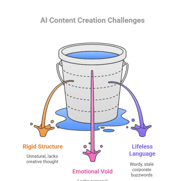 illustrating AI content challenges: Rigid Structure, Emotional Void, and Lifeless Language.