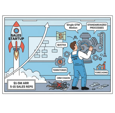 Sales Ops mechanic fine-tuning a startup rocket for early growth, optimizing CRM, quotas, & forecast