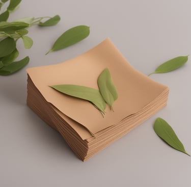 a stack of folded paper with a leafy green leaf