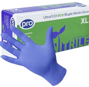 a gloved hand wearing a blue glove with a blue glove