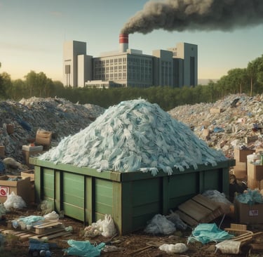 a dumpster truck with a pile of garbage in the background