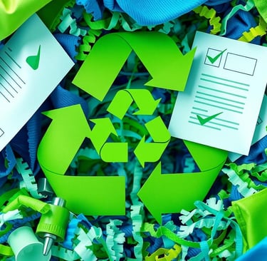 a pile of paper with a green recycling sign
