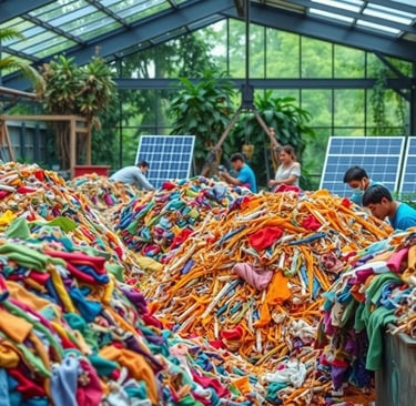 a pile of clothes and a woman in a greenhouse