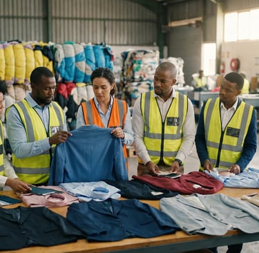 Textile recycling workers in safety vests inspect sorted clothing at a garment processing facility.