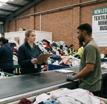 Workers sorting donated clothing in a textile recycling facility for sustainable waste management.