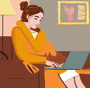 femme chez elle devant son ordinateur en visoconference sur zoom