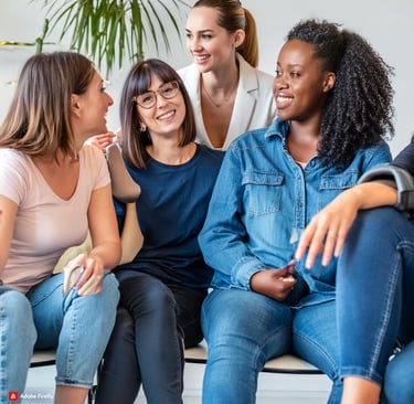 5 femmes assises en groupe, souriantes qui parlent ensemble 