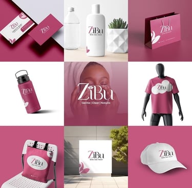 ZiBu skincare branding mockup featuring logos on product bottles, bags, apparel, and business cards.