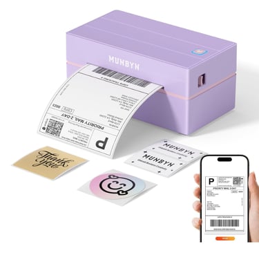 Purple Munbyn thermal label printer printing a shipping label with a smartphone and custom stickers.