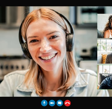 Image of a blonde woman having an online interview/call with prospective teachers who want to travel the world while teaching