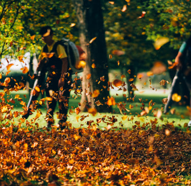 men blowing leaves in residential yard