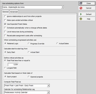 Caixa de alteração das opções de cálculo do Primavera P6, Schedule Options