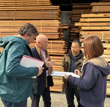 A group of professionals discussing quality control in front of large stacks of industrial lumber boards.