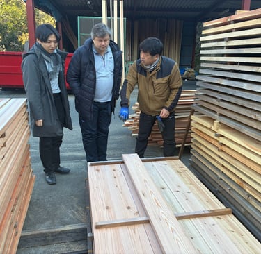 Quality control inspection of stacked sugi wood planks at a professional lumber yard facility.