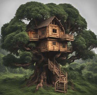 a tree house with a staircase leading to a tree house