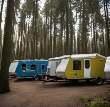 a couple of trailers parked in a forest