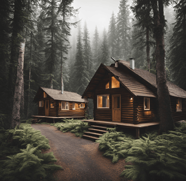 a cabin in the woods with a path leading to the cabin