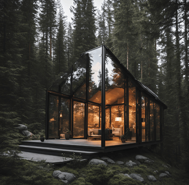 a cabin with a glass cabin on a hill