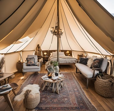 a tented tent with a couch and chairs