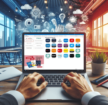 Imagen de una portátil con dos manos observando contenidos digitales