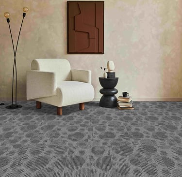 Living room with grey carpet tiles in an organic bubble pattern - ideal for offices