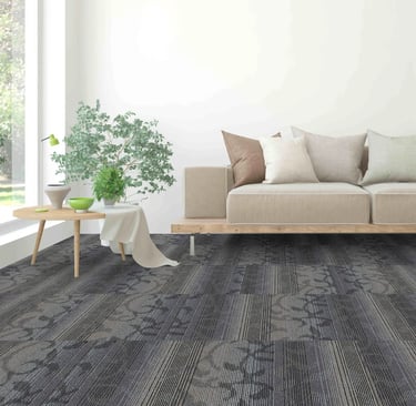 Floro carpet tiles, featuring a striped floral pattern in shades of grey - stylish and durable commercial carpet flooring.