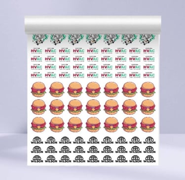Roll of UV DTF printed stickers featuring burgers and brand logos.