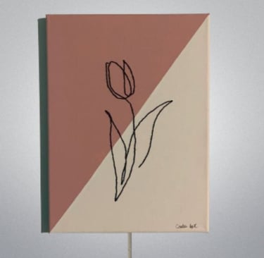 Modern abstract tulip line art on dual-tone canvas.