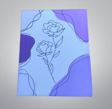 Blue canvas with purple accents and line-drawn roses.