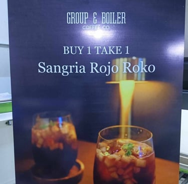 Promo Sintra board for Group & Boiler's Sangria Rojo Roko, Buy 1 Take 1, Feb 2024.