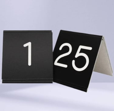 black Acrylic Table Tent with a number 1 -25 with white fonts