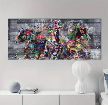 Colorful abstract horse artwork printed in large format.