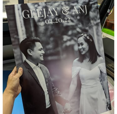 Custom wedding sticker on sintra board with couple's photo.